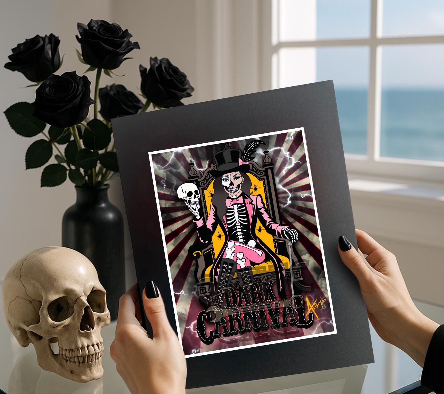 Dark Carnival Gothic Art Print – Skeleton Ringmaster | Spooky Circus Skull Print for Alt Gallery & Gothic Home
