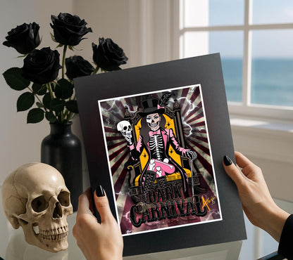 Dark Carnival Gothic Art Print – Skeleton Ringmaster | Spooky Circus Skull Print for Alt Gallery & Gothic Home