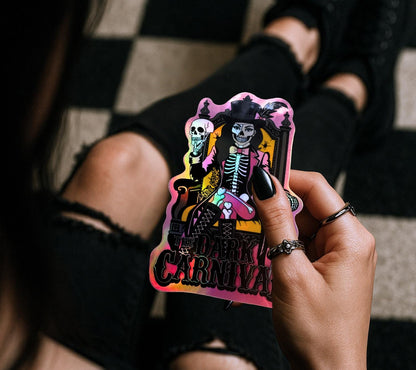 Skeleton Ringmaster Waterproof Sticker – Dark Carnival Holographic Decal for Laptops, Tumblers & Journals