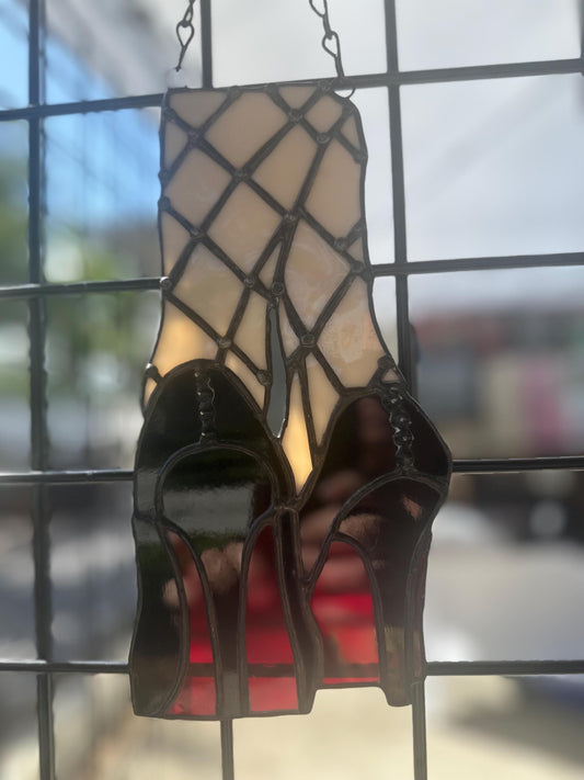 Red Bottom Heels Stained Glass Panel – Gothic Fishnet Legs Art, Punk Glam Suncatcher, Alt Burlesque Window Decor