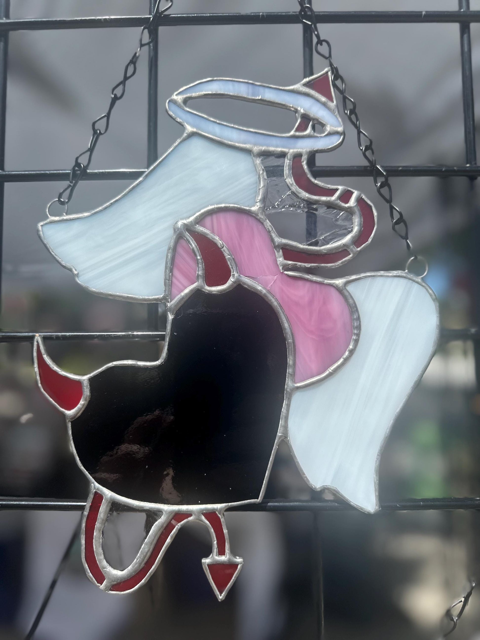 Devil’s Angel Stained Glass Heart – Gothic Window Panel with Wings, Horns & Halo, Dark Whimsical Alt Decor