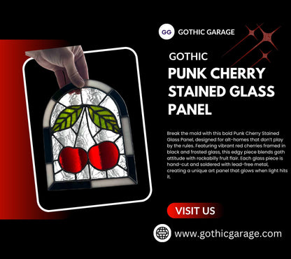 Punk Cherry Stained Glass Panel – Goth Rockabilly Window Art