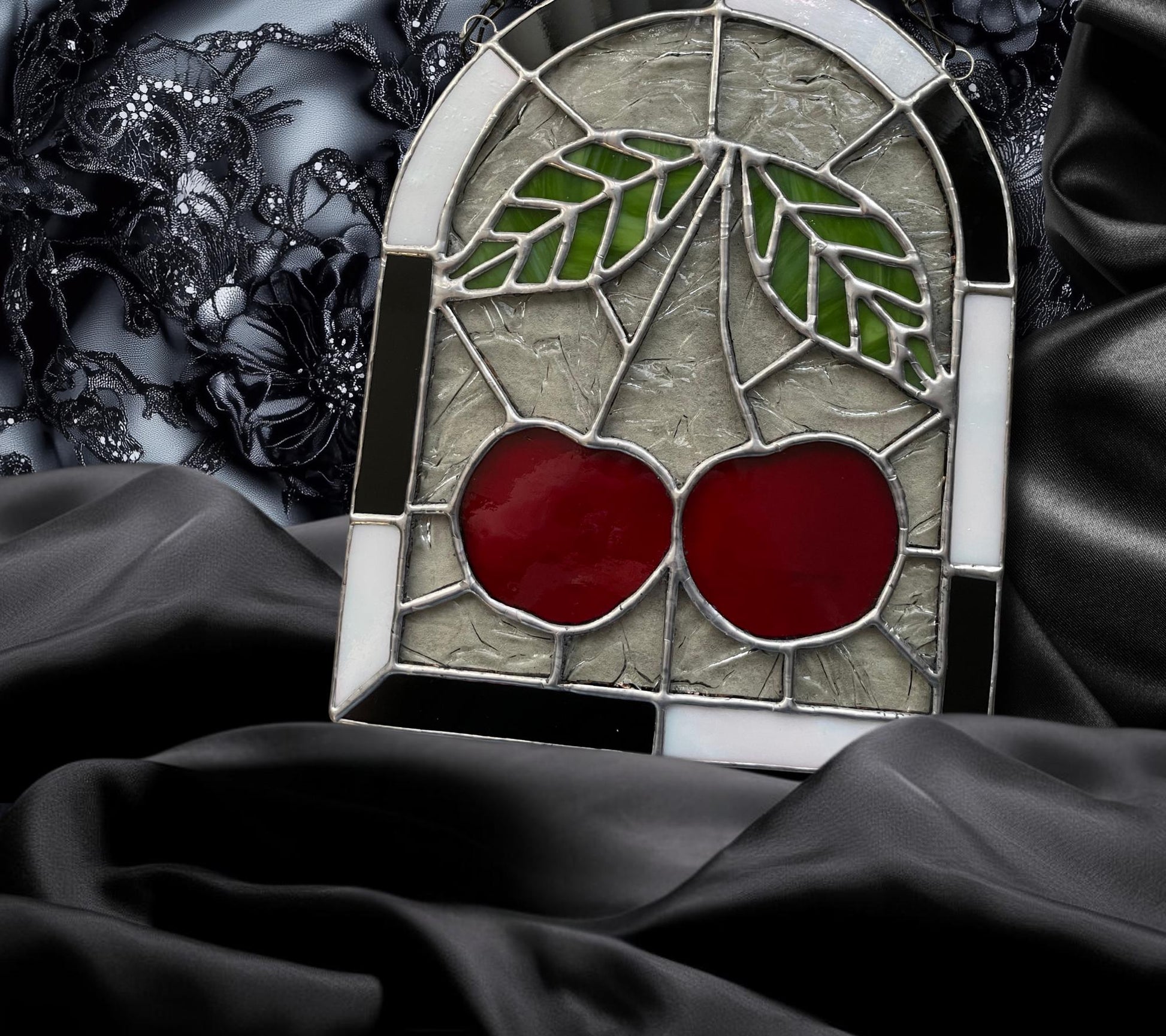 Punk Cherry Stained Glass Panel – Goth Rockabilly Window Art