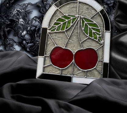 Punk Cherry Stained Glass Panel – Goth Rockabilly Window Art