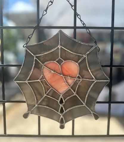 Gothic Stained Glass Spider Web Heart - Dark Decor Sun Catcher