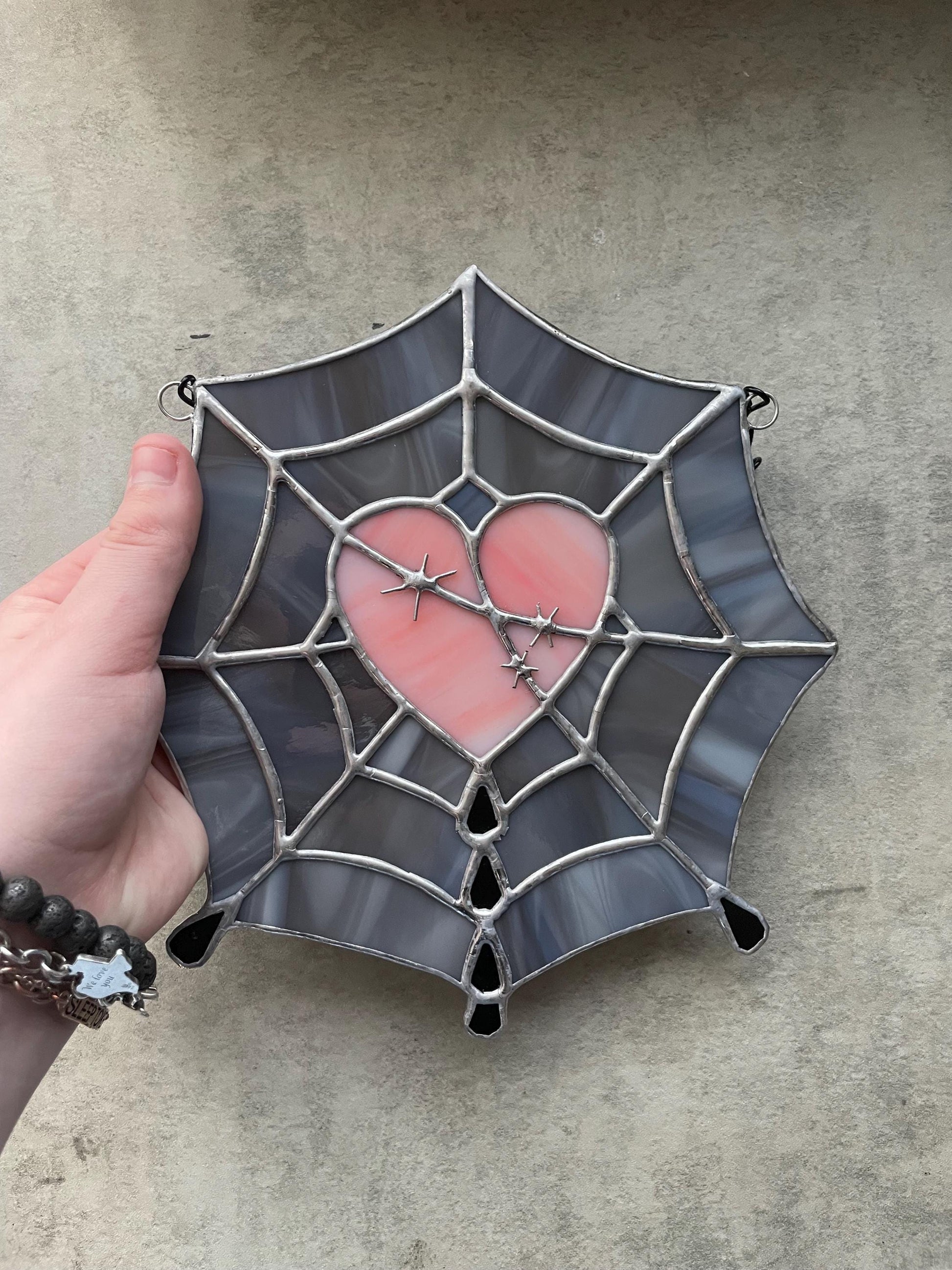 Gothic Stained Glass Spider Web Heart - Dark Decor Sun Catcher