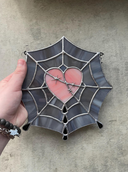Gothic Stained Glass Spider Web Heart - Dark Decor Sun Catcher