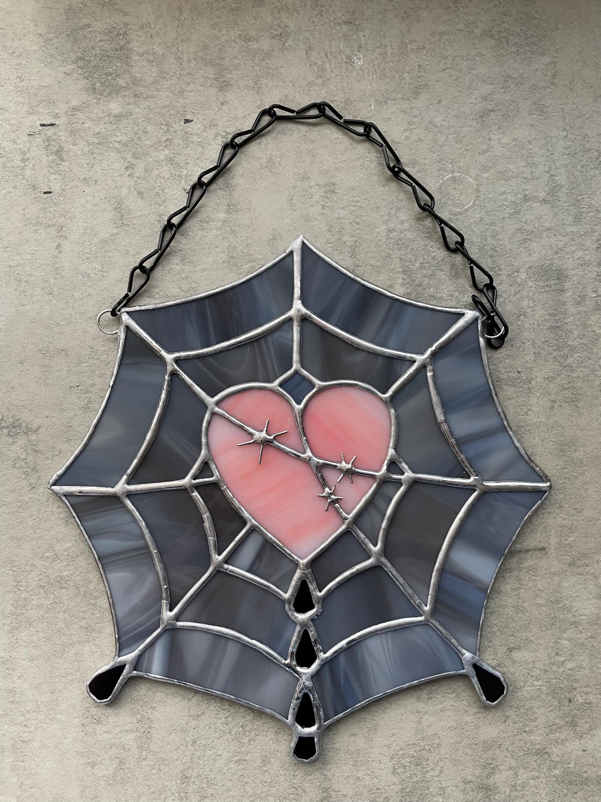 Gothic Stained Glass Spider Web Heart - Dark Decor Sun Catcher