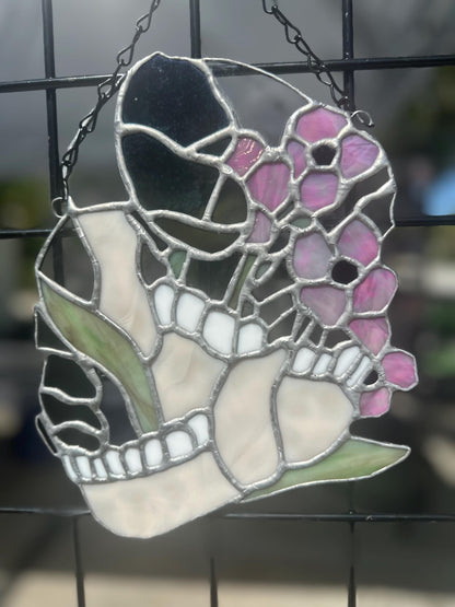 Jawbone Stained Glass with Flowers – Gothic Oddities Art for Dark Home Decor