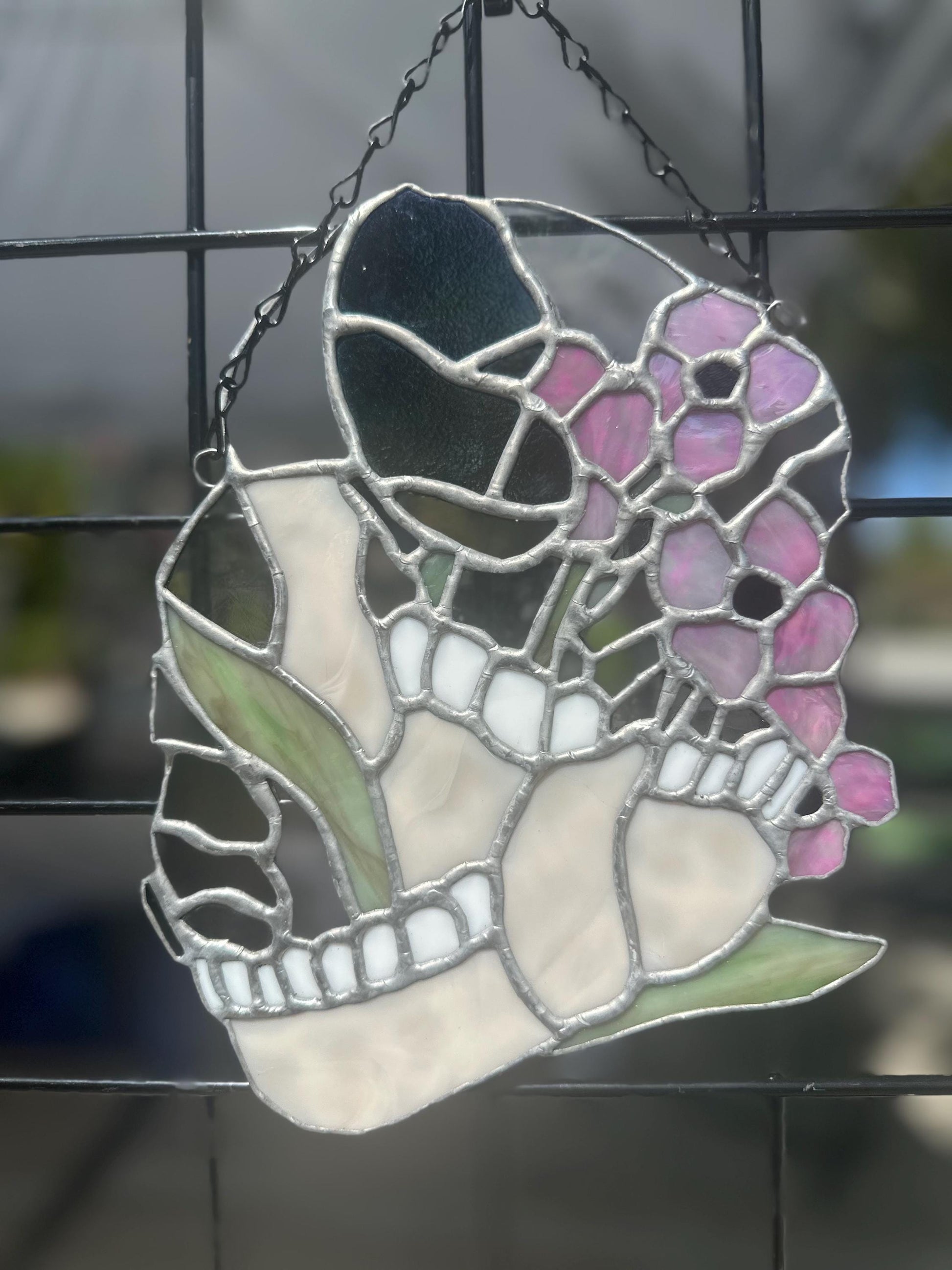 Jawbone Stained Glass with Flowers – Gothic Oddities Art for Dark Home Decor