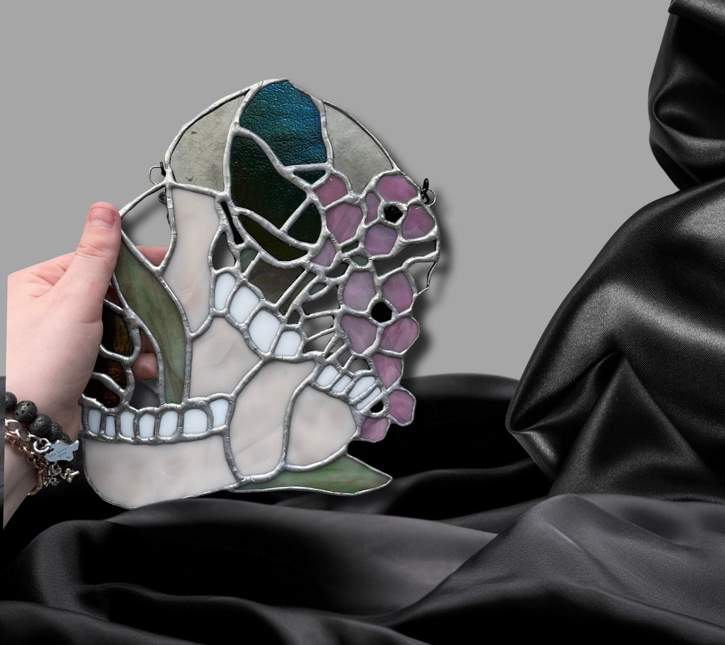 Jawbone Stained Glass with Flowers – Gothic Oddities Art for Dark Home Decor