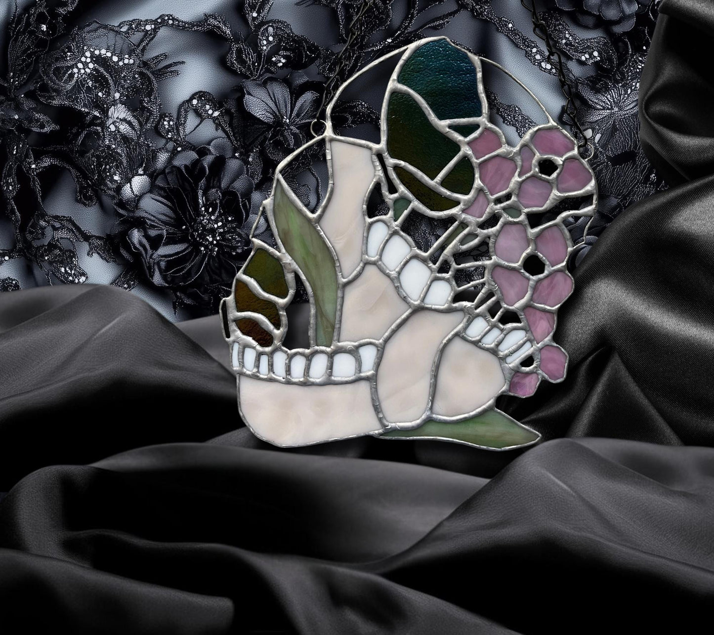 Jawbone Stained Glass with Flowers – Gothic Oddities Art for Dark Home Decor