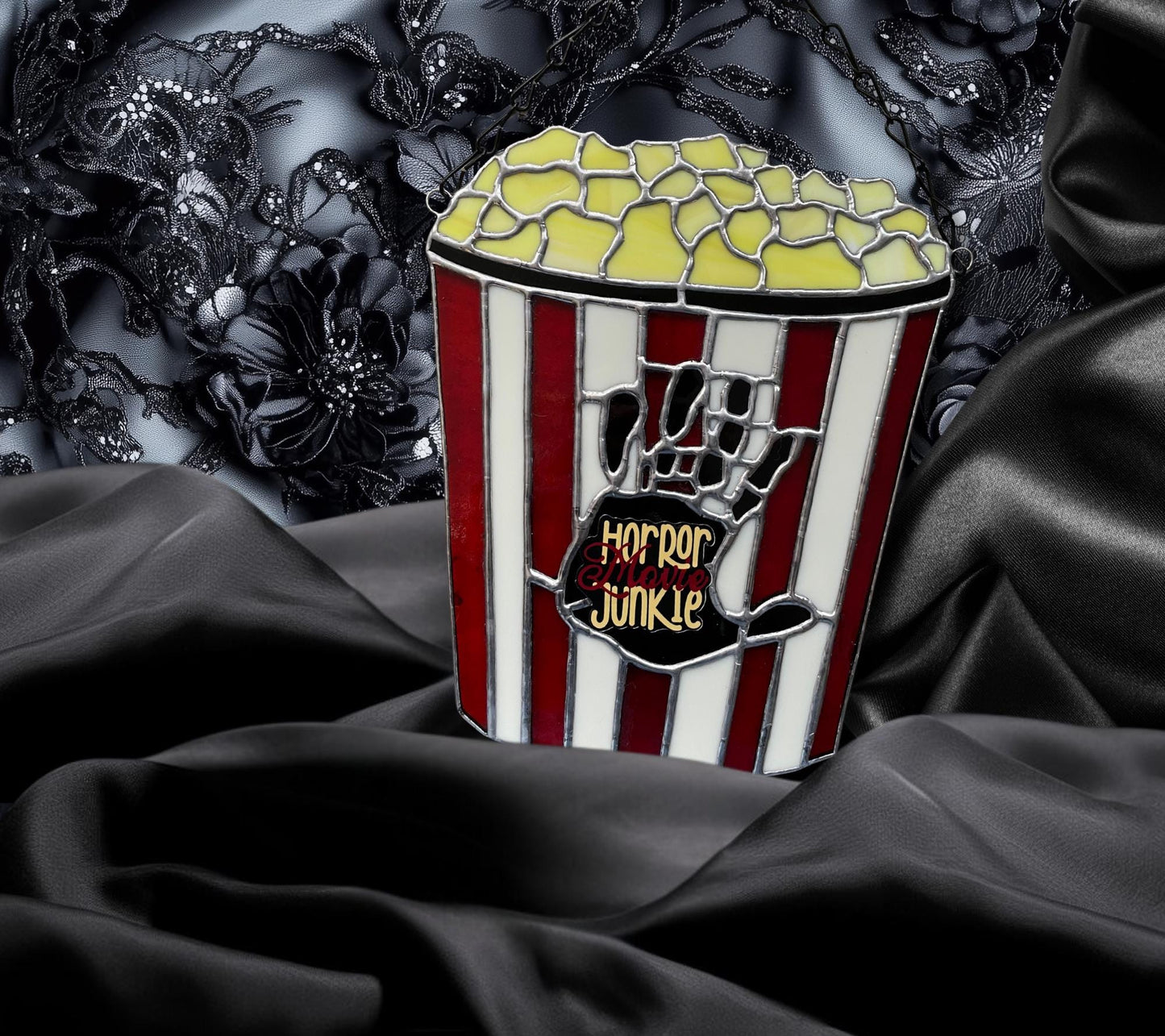 Horror Movie Junkie Stained Glass – Gothic Popcorn Art for Horror Fans & Goth Home Décor