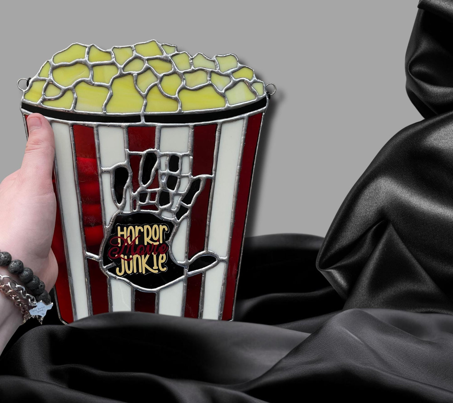 Horror Movie Junkie Stained Glass – Gothic Popcorn Art for Horror Fans & Goth Home Décor