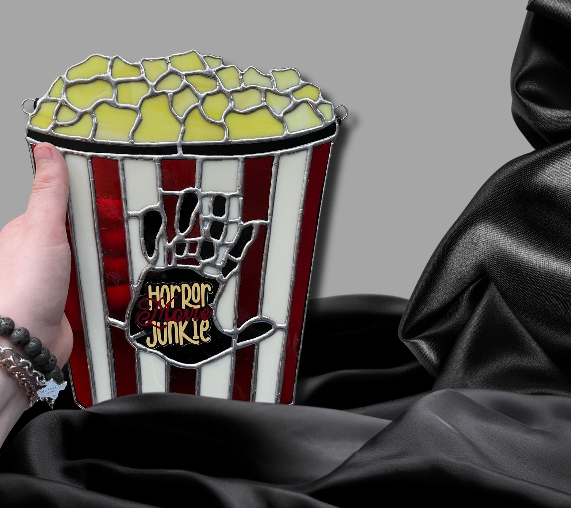 Horror Movie Junkie Stained Glass – Gothic Popcorn Art for Horror Fans & Goth Home Décor