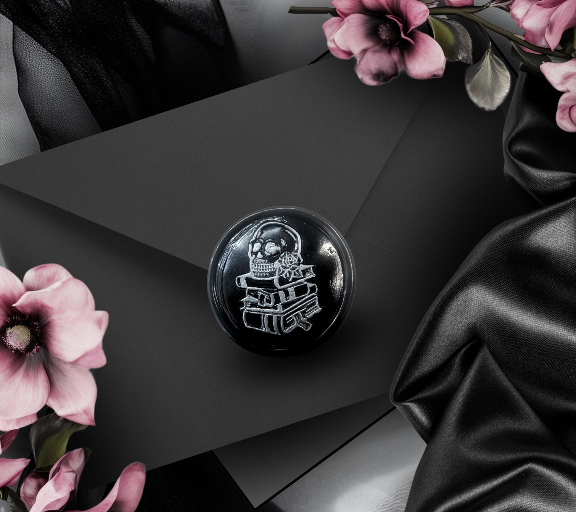 Gothic Skull & Books Wax Seal – Black Adhesive Seal for Wedding Invites, Letters and Journals