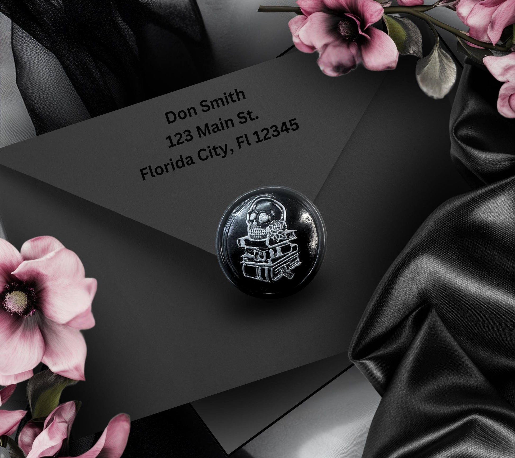 Gothic Skull & Books Wax Seal – Black Adhesive Seal for Wedding Invites, Letters and Journals