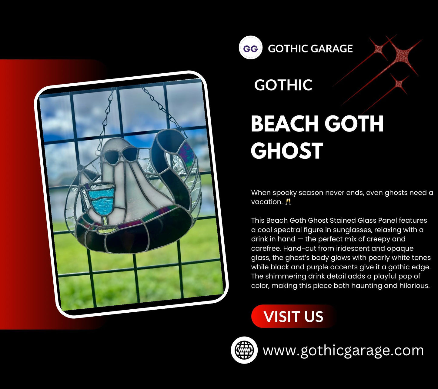 Beach Goth Ghost Stained Glass – Spooky Summer Ghost Suncatcher for Gothic Home Décor