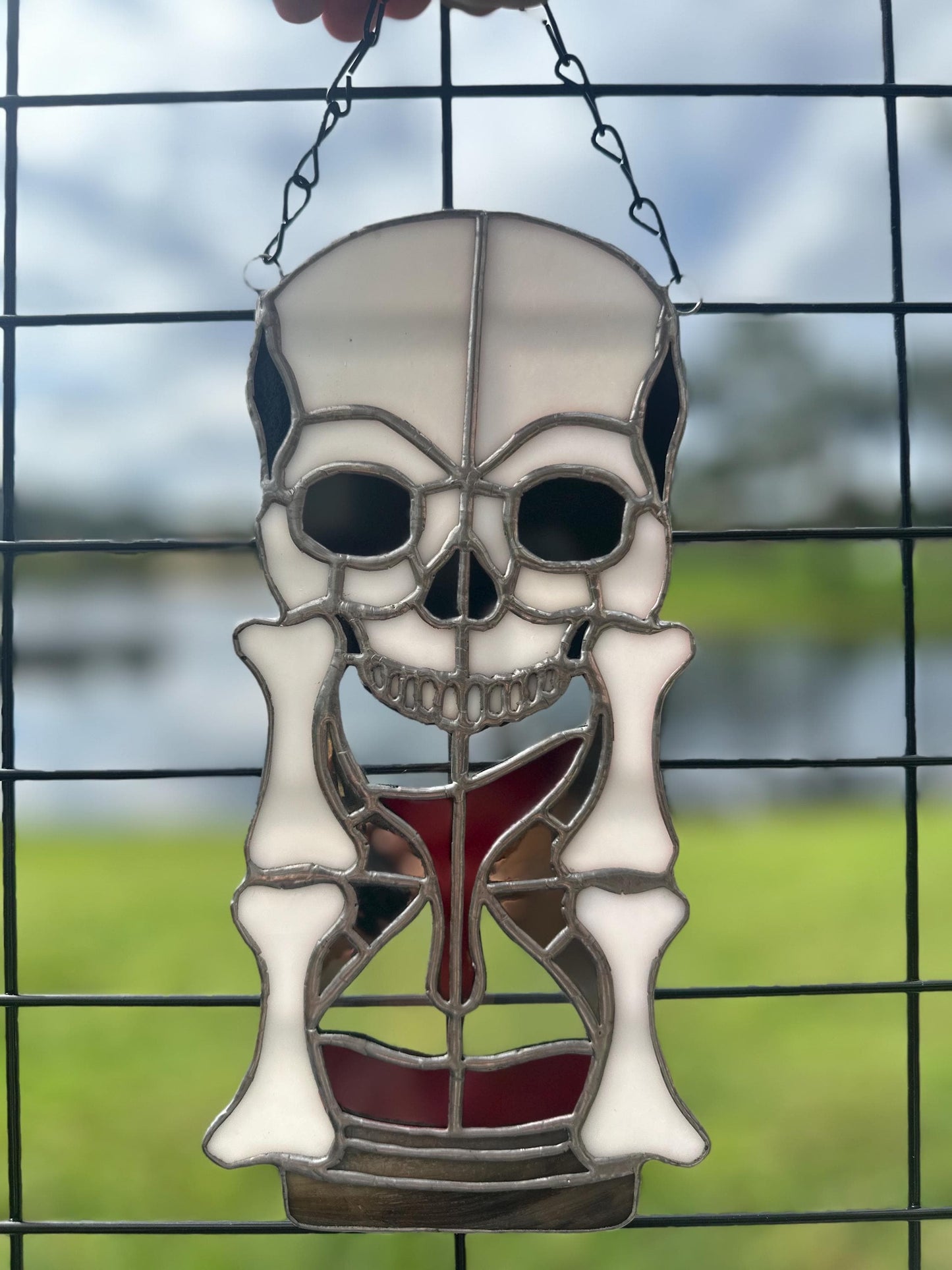 Stained Glass Memento Mori Skull Hourglass — Gothic Home Decor Suncatcher