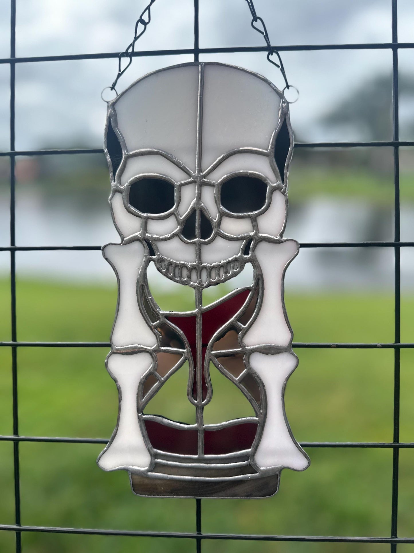 Stained Glass Memento Mori Skull Hourglass — Gothic Home Decor Suncatcher