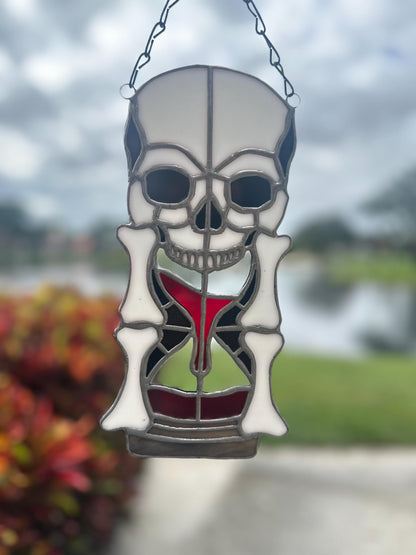 Stained Glass Memento Mori Skull Hourglass — Gothic Home Decor Suncatcher