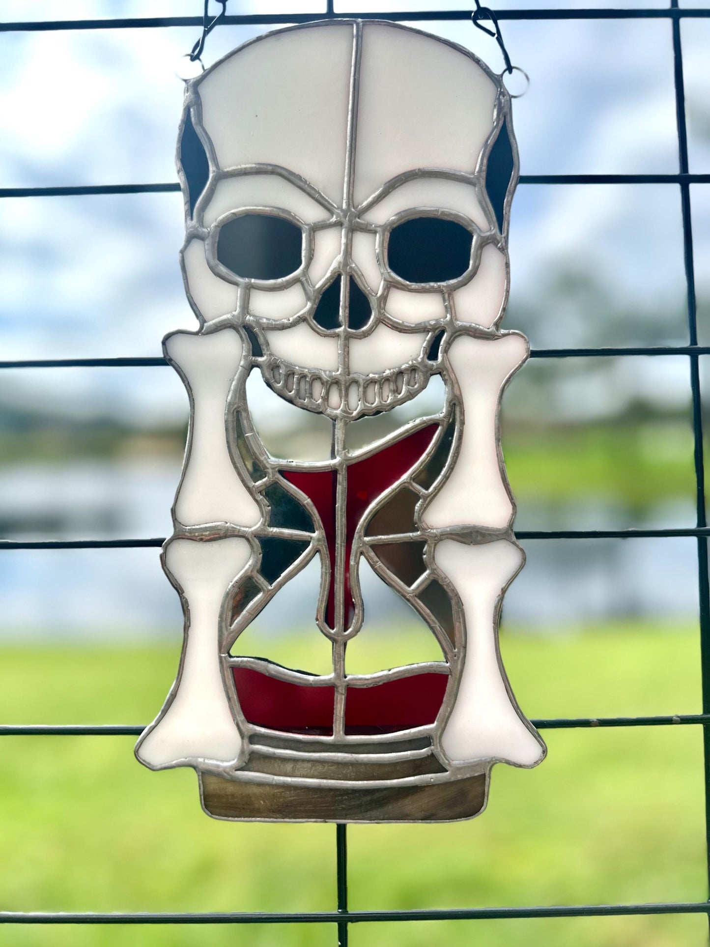 Stained Glass Memento Mori Skull Hourglass — Gothic Home Decor Suncatcher