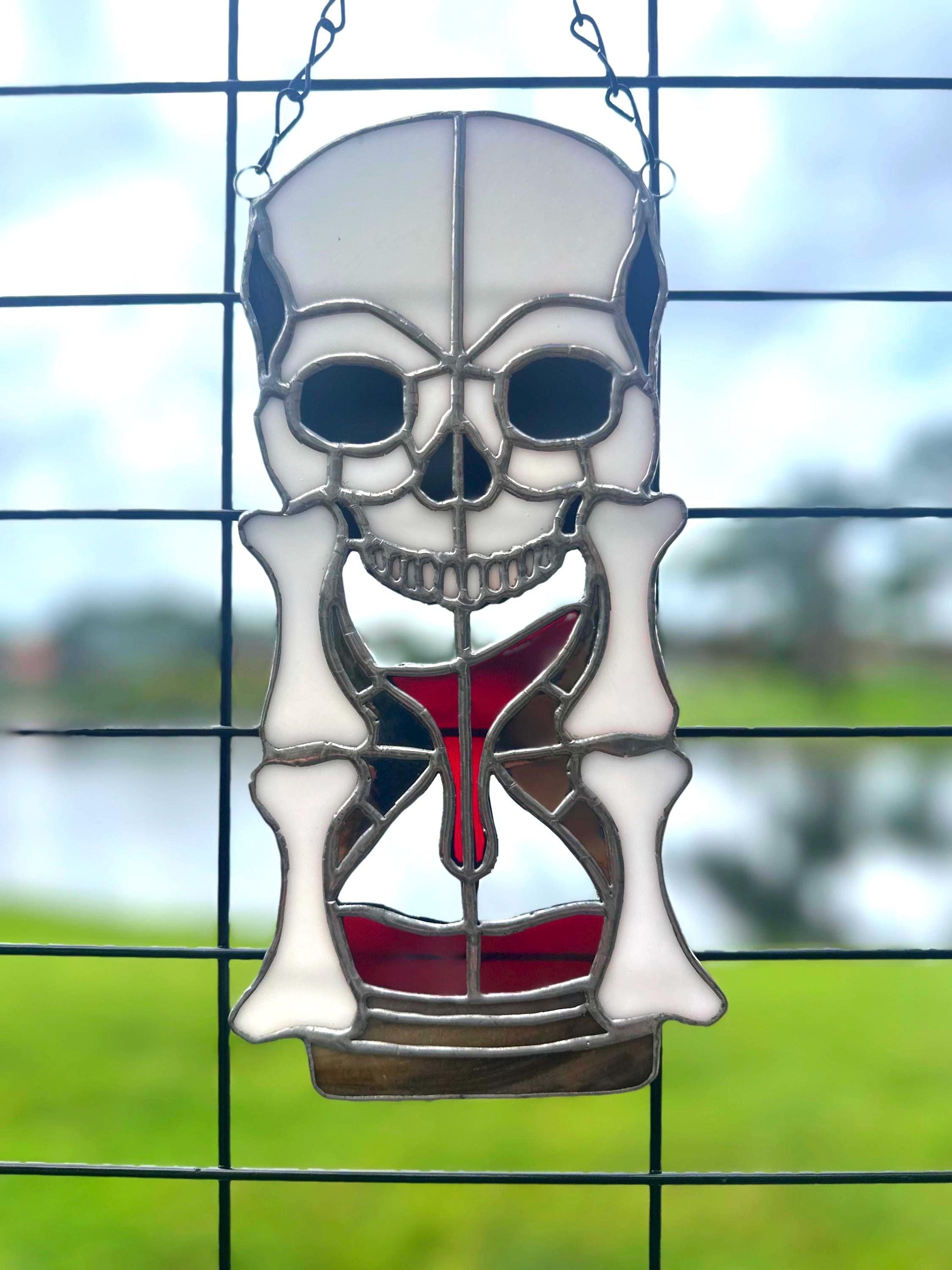 Stained Glass Memento Mori Skull Hourglass — Gothic Home Decor Suncatcher