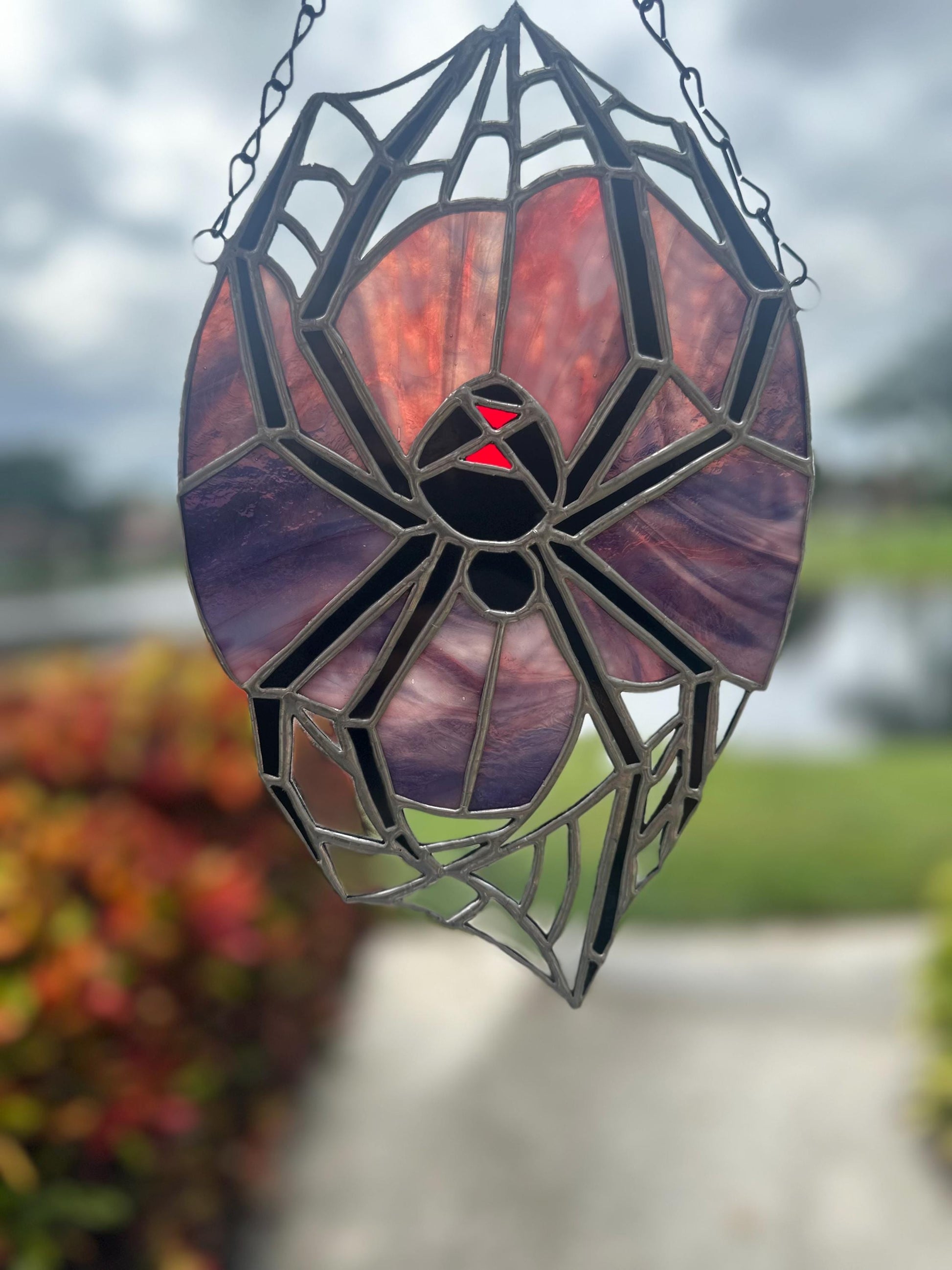 Black Widow Spider Stained Glass — Gothic Suncatcher for Horror Home Decor