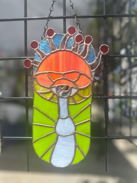 Psychedelic Magic Mushroom Stained Glass – Handmade Trippy Wall Art, Boho Shroom Decor