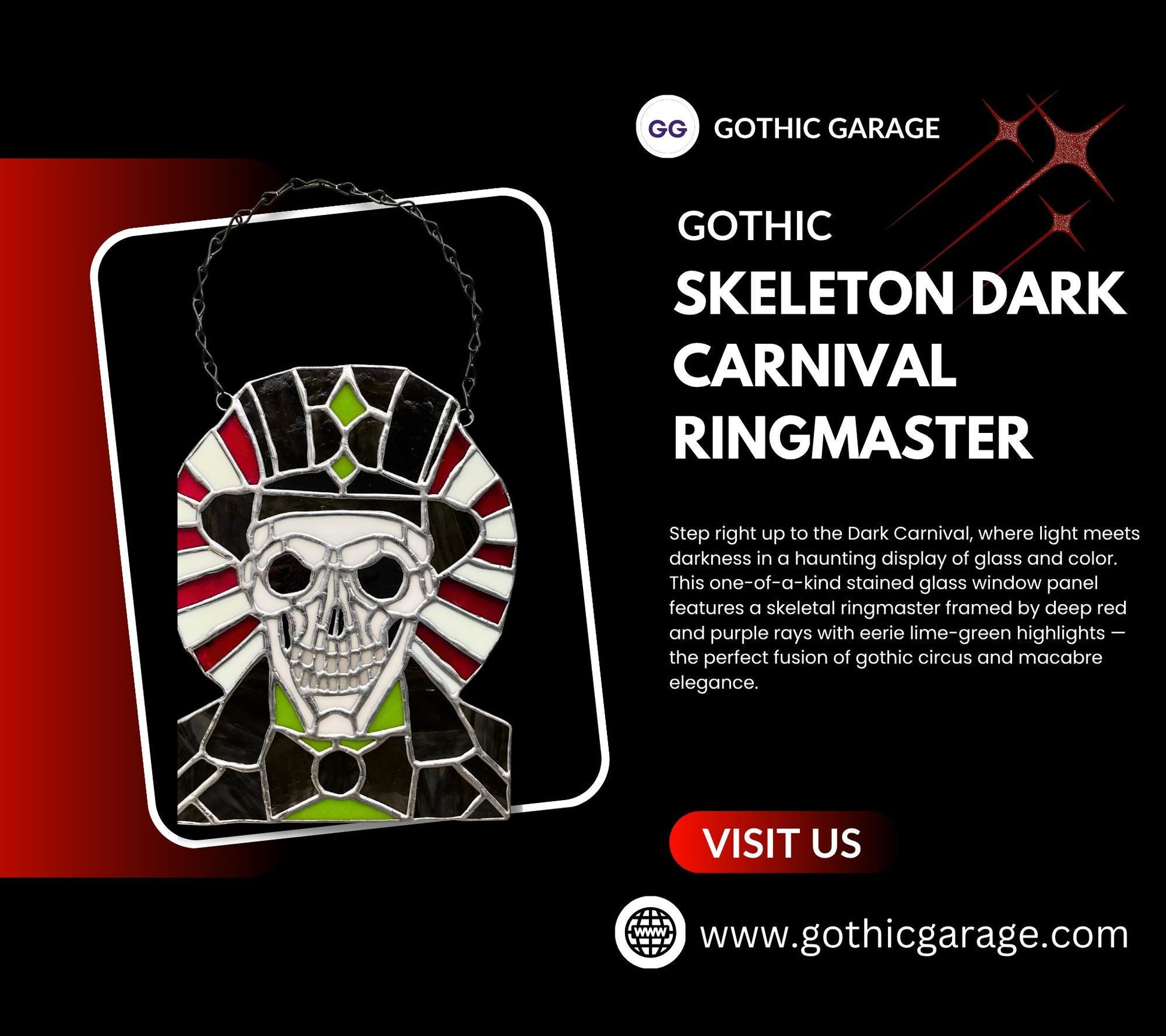 Dark Carnival Ringmaster Stained Glass – Gothic Skull Window Art for Horror and Circus Lovers