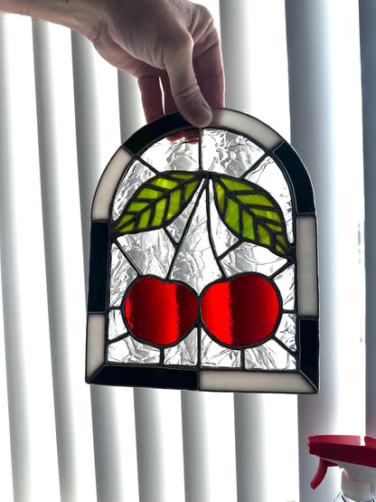 Punk Cherry Stained Glass Panel – Goth Rockabilly Window Art
