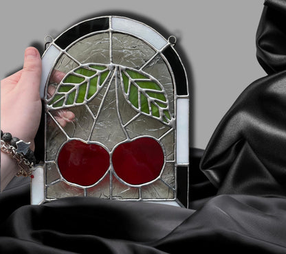 Punk Cherry Stained Glass Panel – Goth Rockabilly Window Art