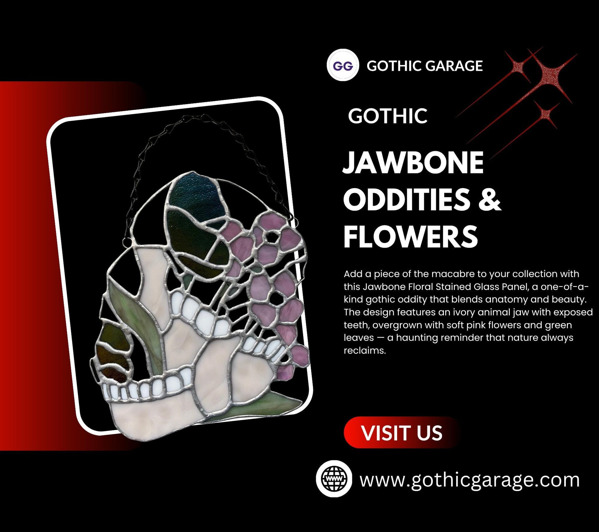Jawbone Stained Glass with Flowers – Gothic Oddities Art for Dark Home Decor