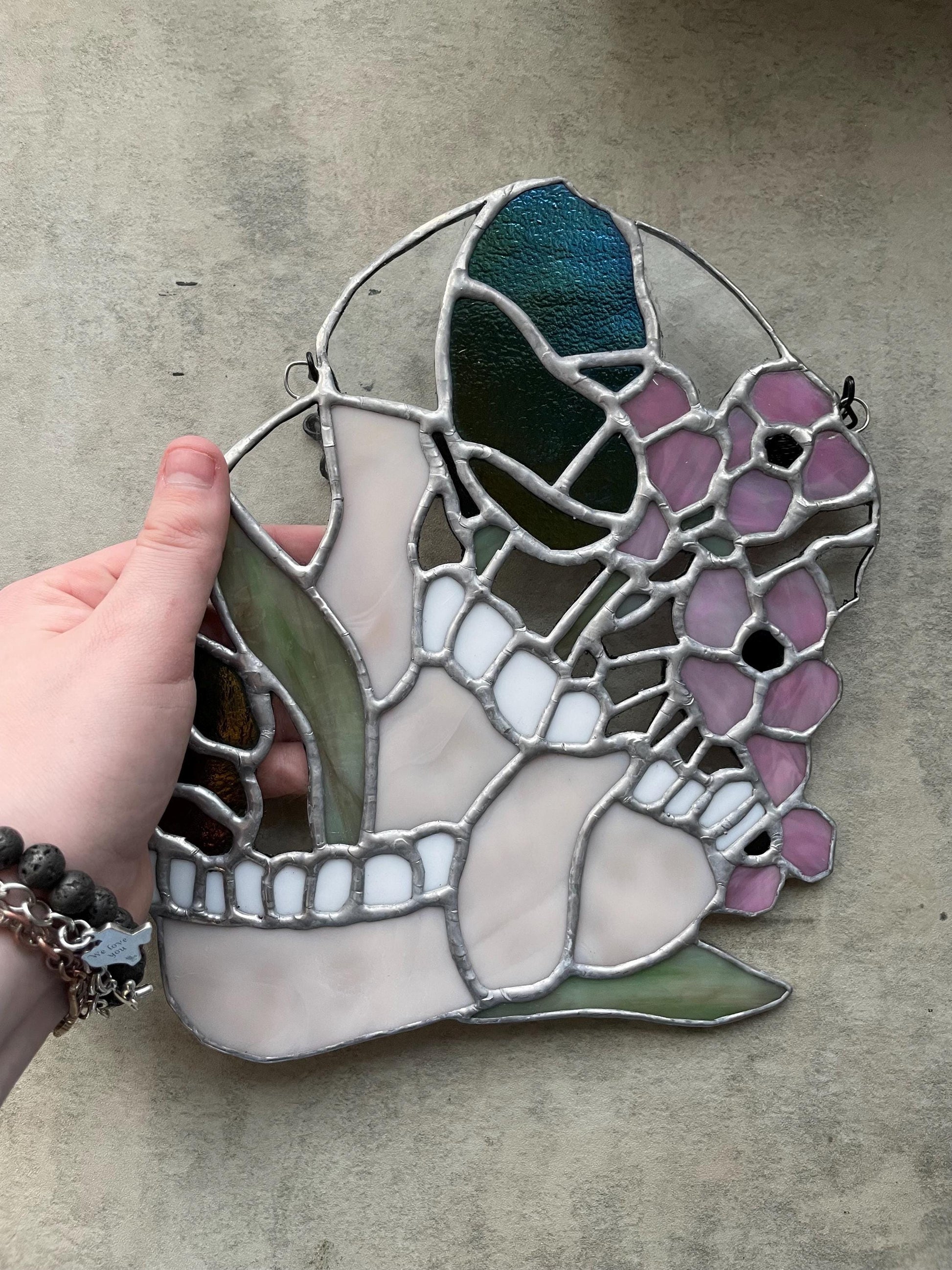 Jawbone Stained Glass with Flowers – Gothic Oddities Art for Dark Home Decor