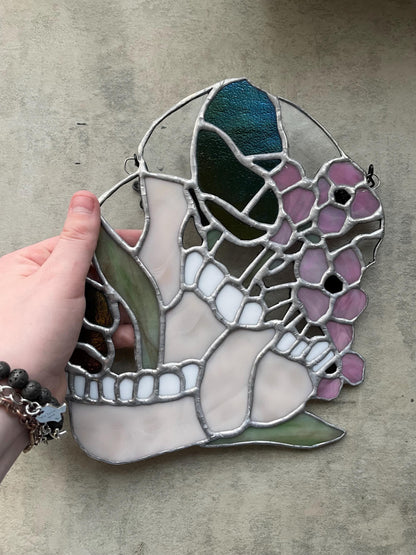 Jawbone Stained Glass with Flowers – Gothic Oddities Art for Dark Home Decor