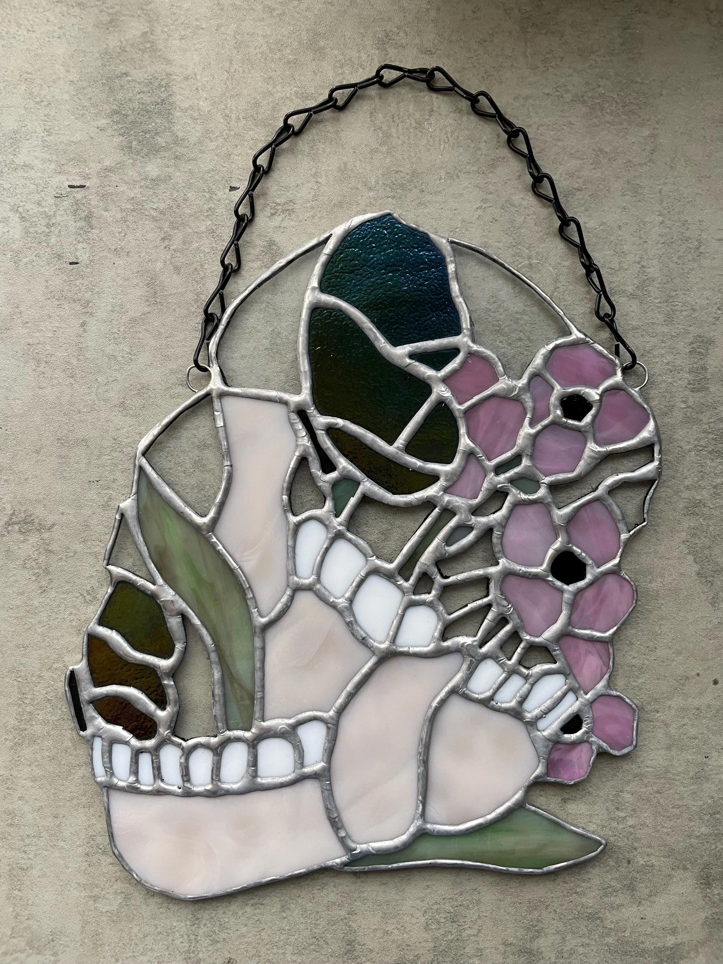Jawbone Stained Glass with Flowers – Gothic Oddities Art for Dark Home Decor