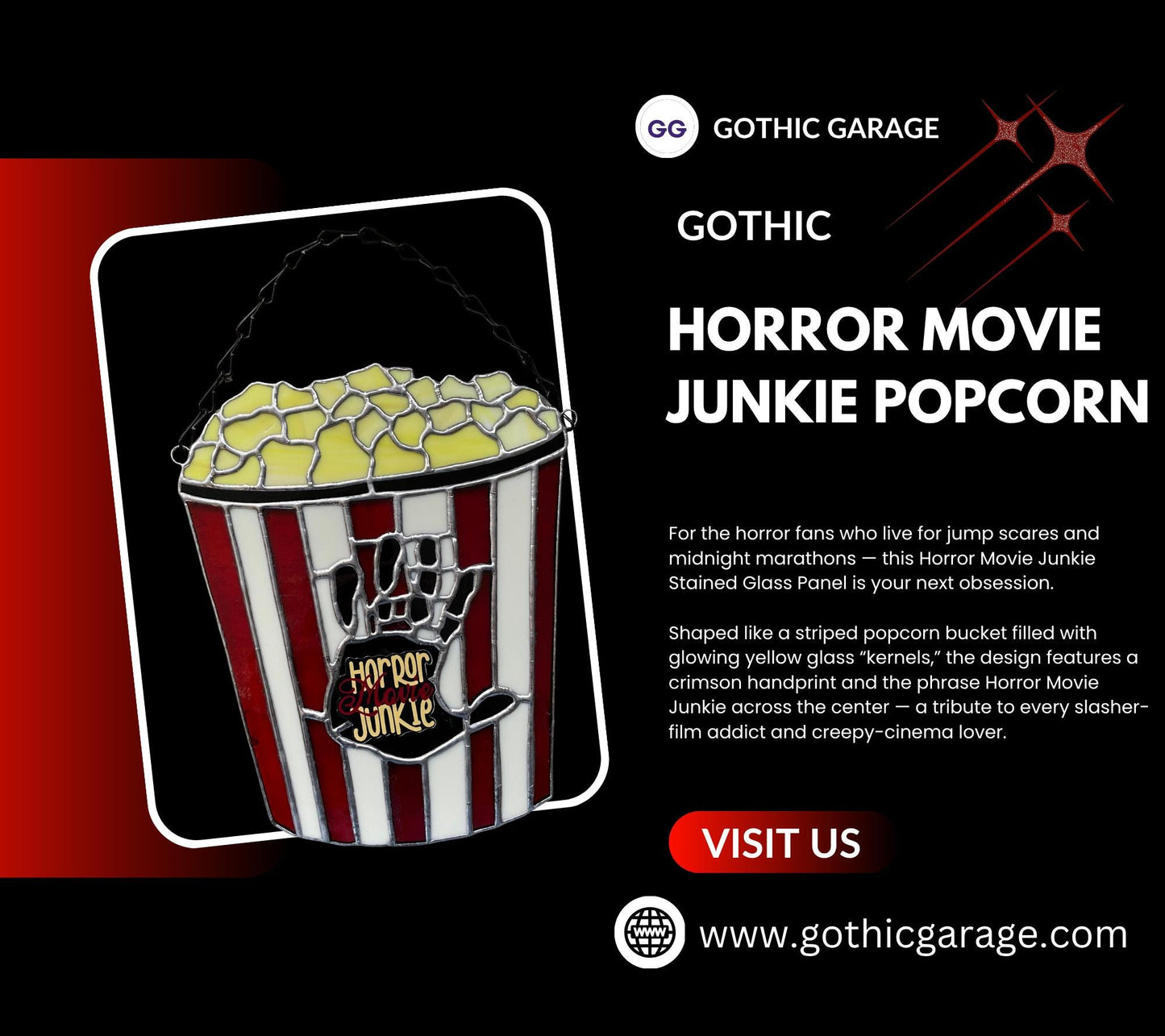 Horror Movie Junkie Stained Glass – Gothic Popcorn Art for Horror Fans & Goth Home Décor
