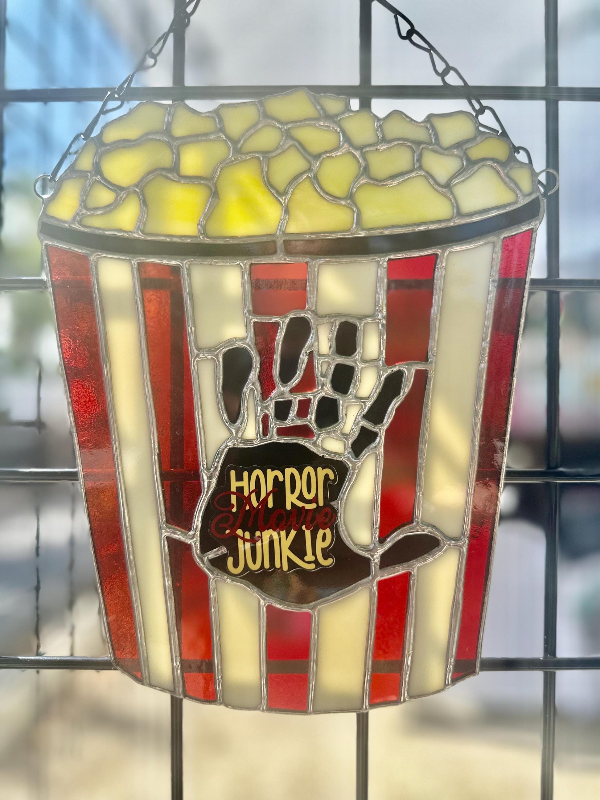 Horror Movie Junkie Stained Glass – Gothic Popcorn Art for Horror Fans & Goth Home Décor
