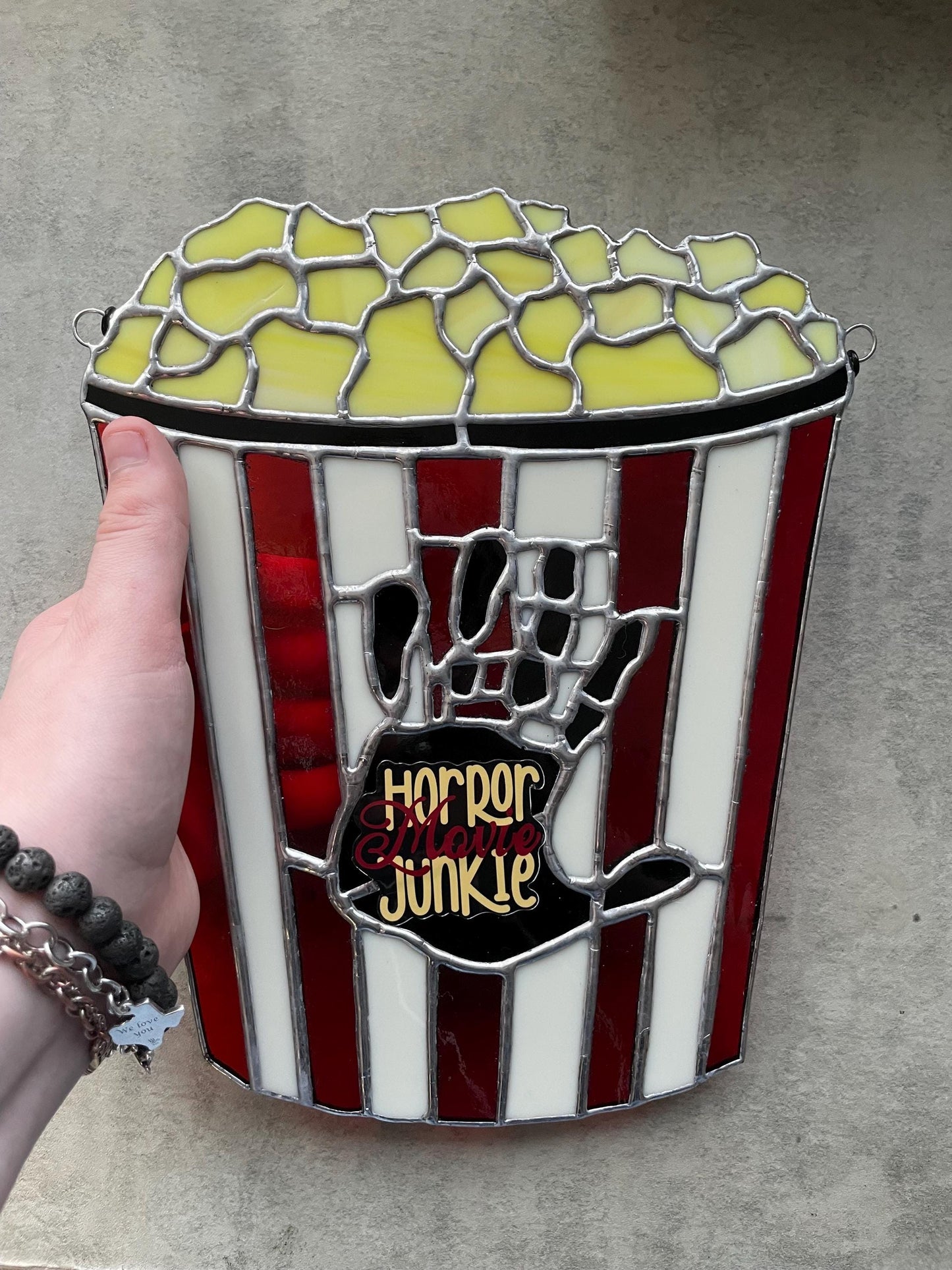Horror Movie Junkie Stained Glass – Gothic Popcorn Art for Horror Fans & Goth Home Décor