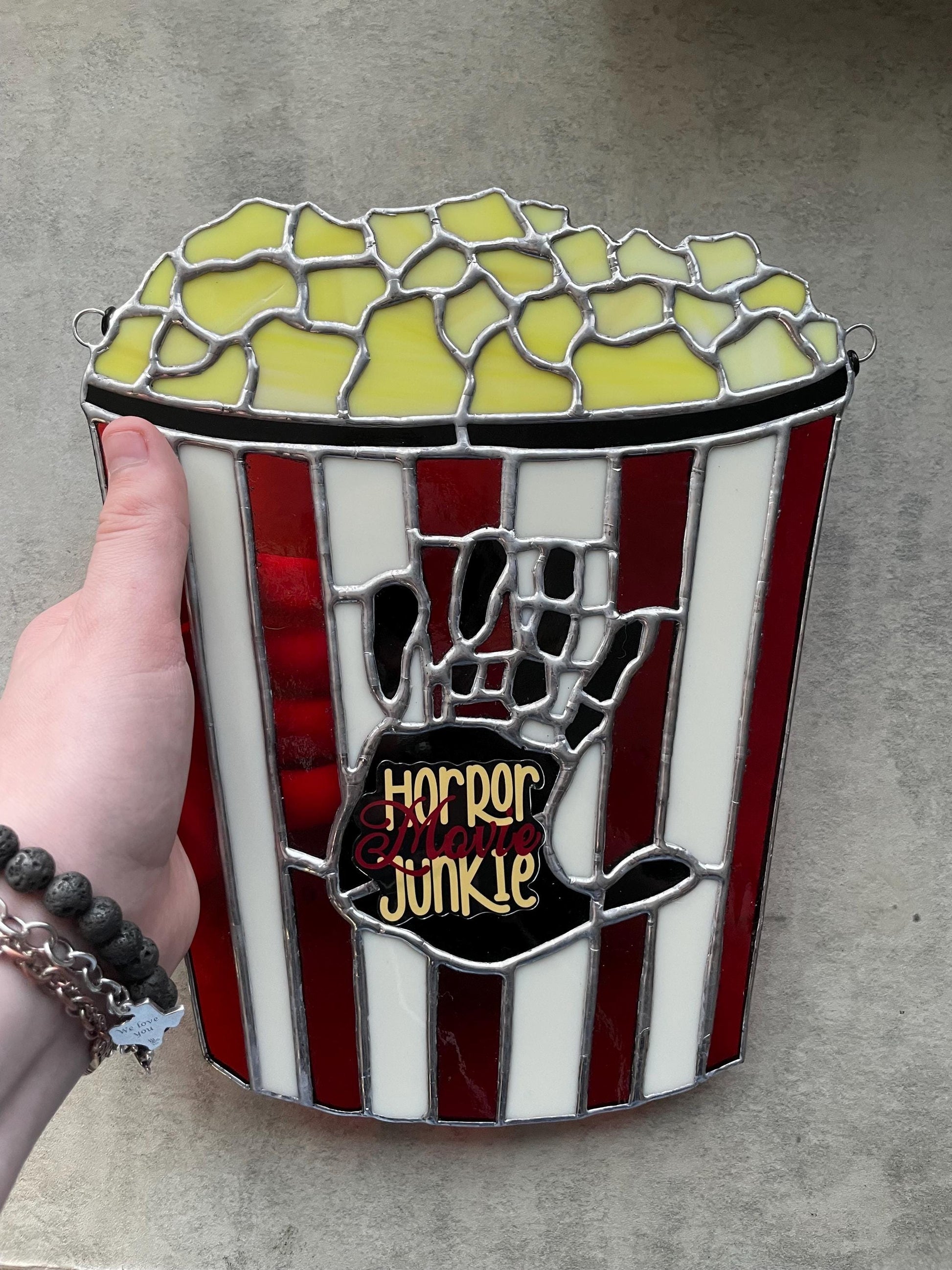 Horror Movie Junkie Stained Glass – Gothic Popcorn Art for Horror Fans & Goth Home Décor