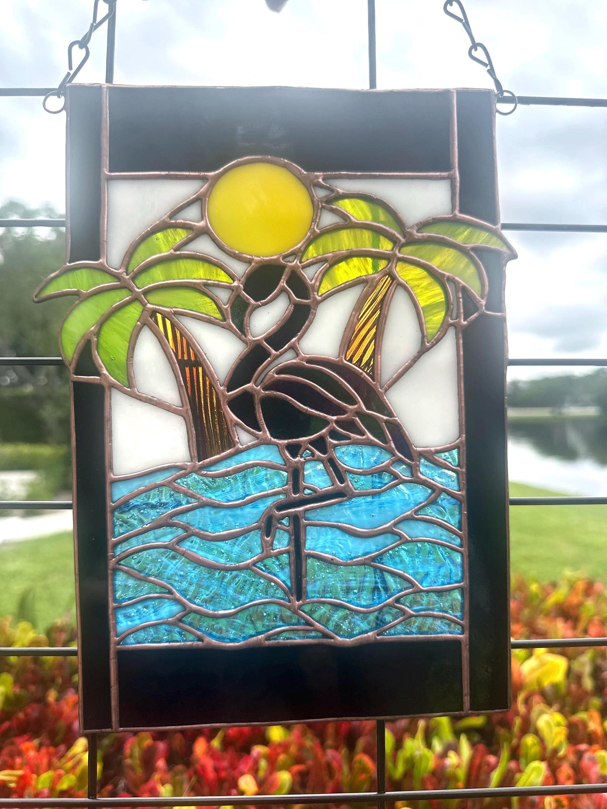 Tropical Black Flamingo Stained Glass Sun Catcher, Hand-Crafted Coastal Window Art
