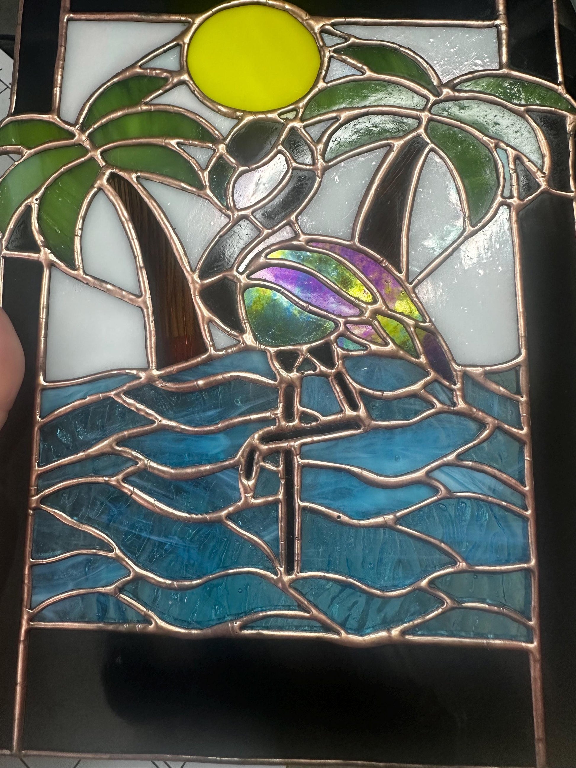 Tropical Black Flamingo Stained Glass Sun Catcher, Hand-Crafted Coastal Window Art