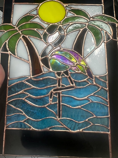 Tropical Black Flamingo Stained Glass Sun Catcher, Hand-Crafted Coastal Window Art