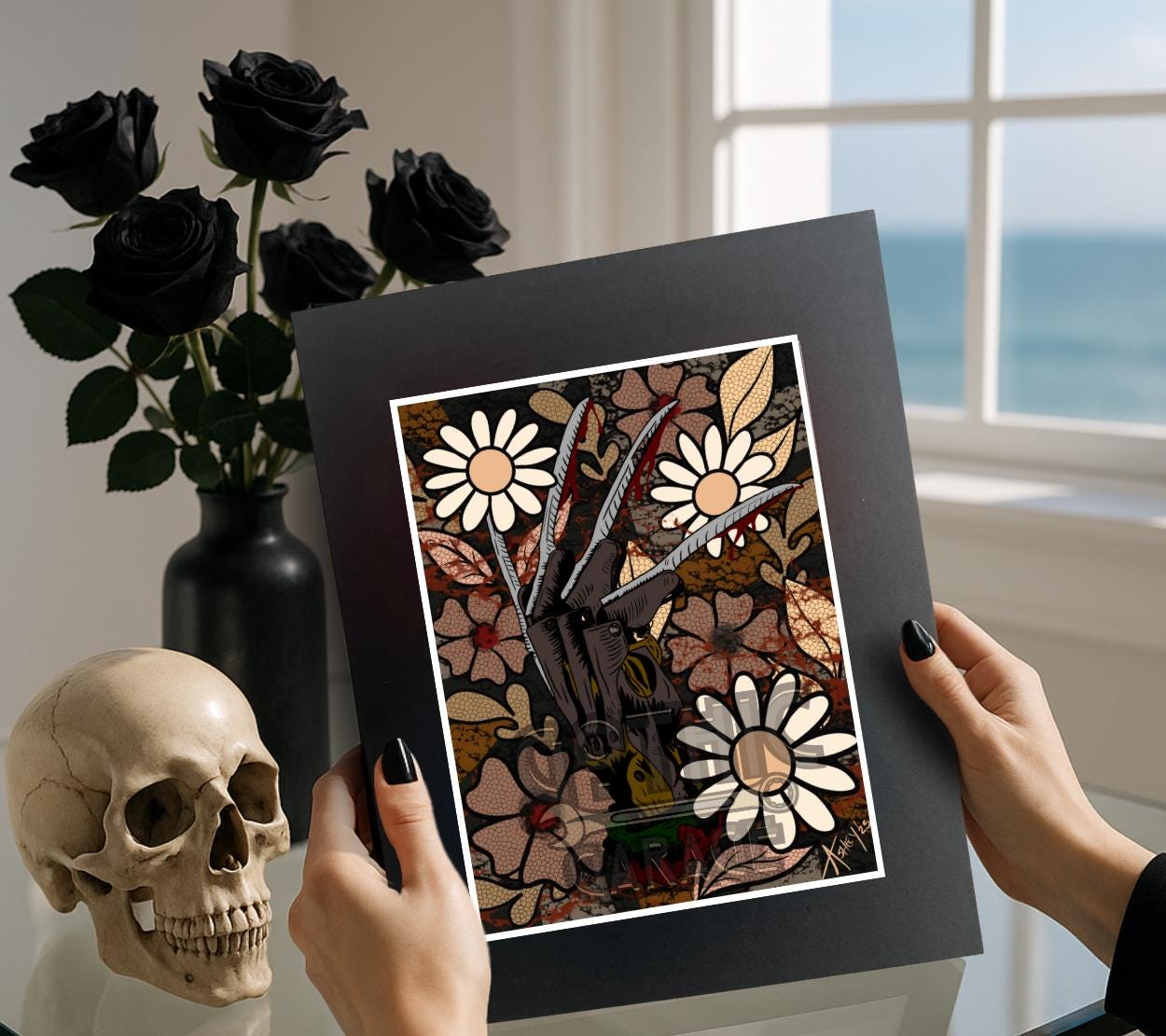 Horror Slasher Floral Art Print — Daisies & Claws Gothic Wall Décor