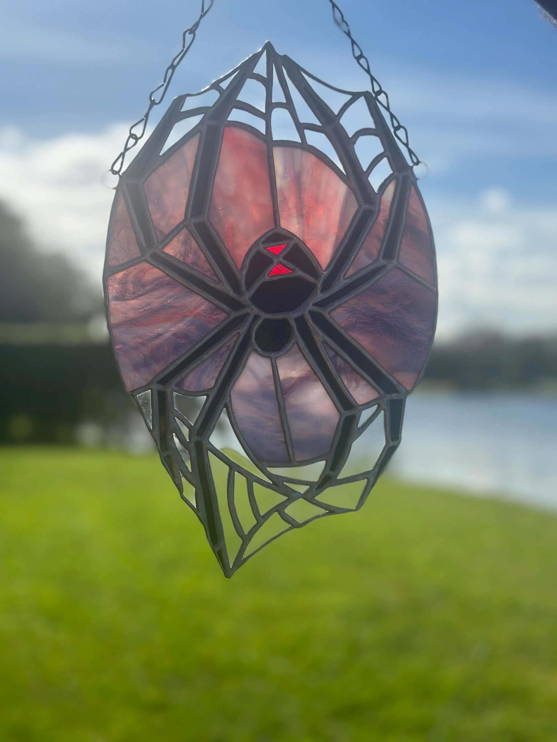 Black Widow Spider Stained Glass — Gothic Suncatcher for Horror Home Decor