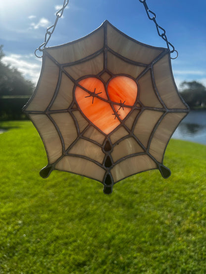 Gothic Stained Glass Spider Web Heart - Dark Decor Sun Catcher