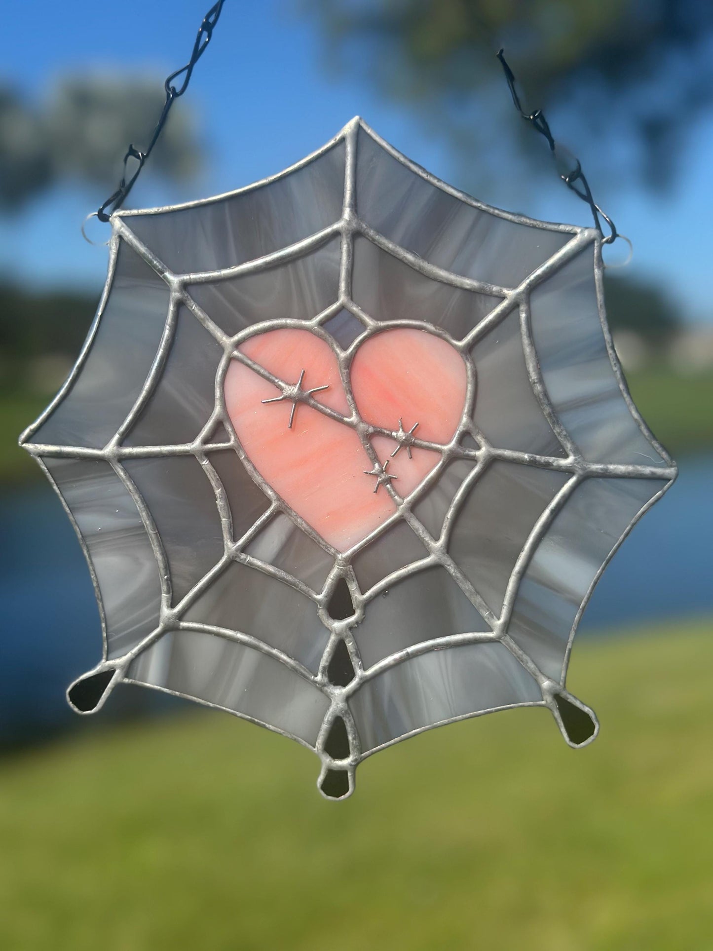 Gothic Stained Glass Spider Web Heart - Dark Decor Sun Catcher