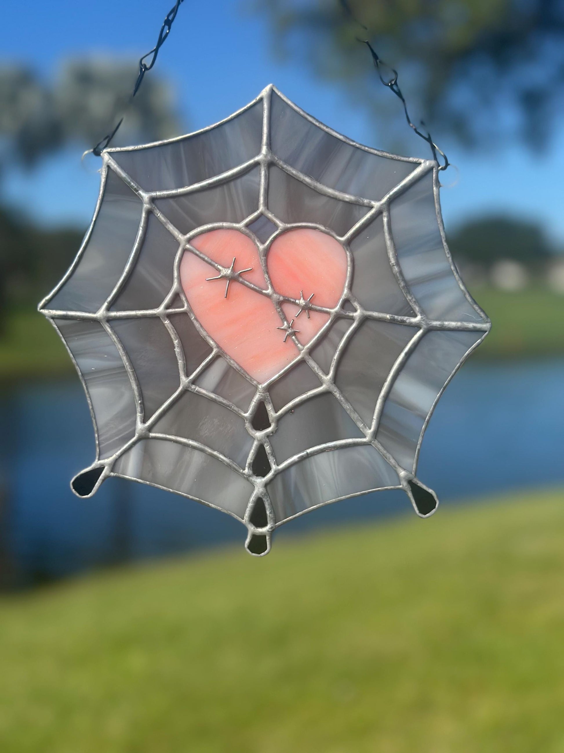 Gothic Stained Glass Spider Web Heart - Dark Decor Sun Catcher