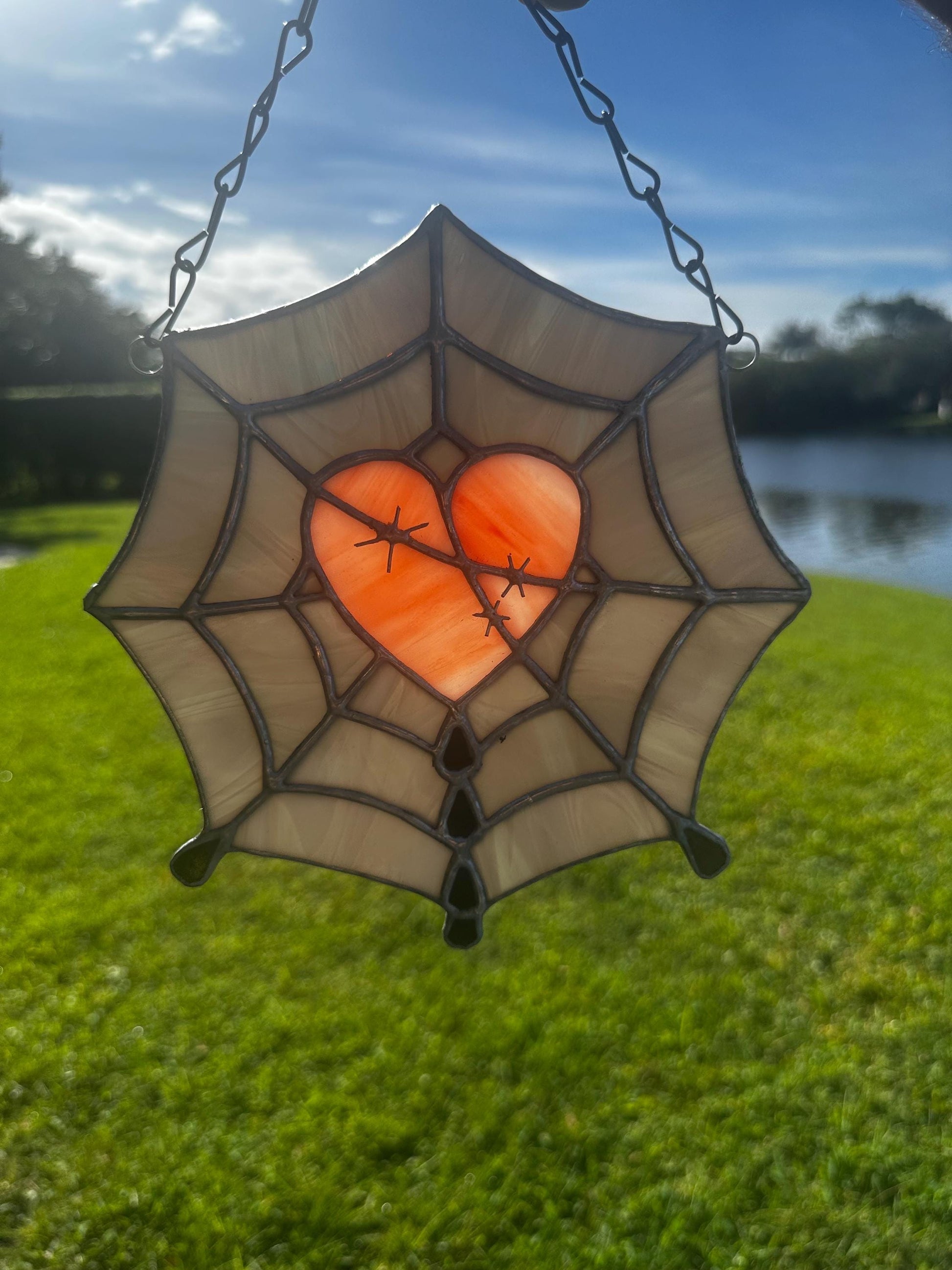 Gothic Stained Glass Spider Web Heart - Dark Decor Sun Catcher