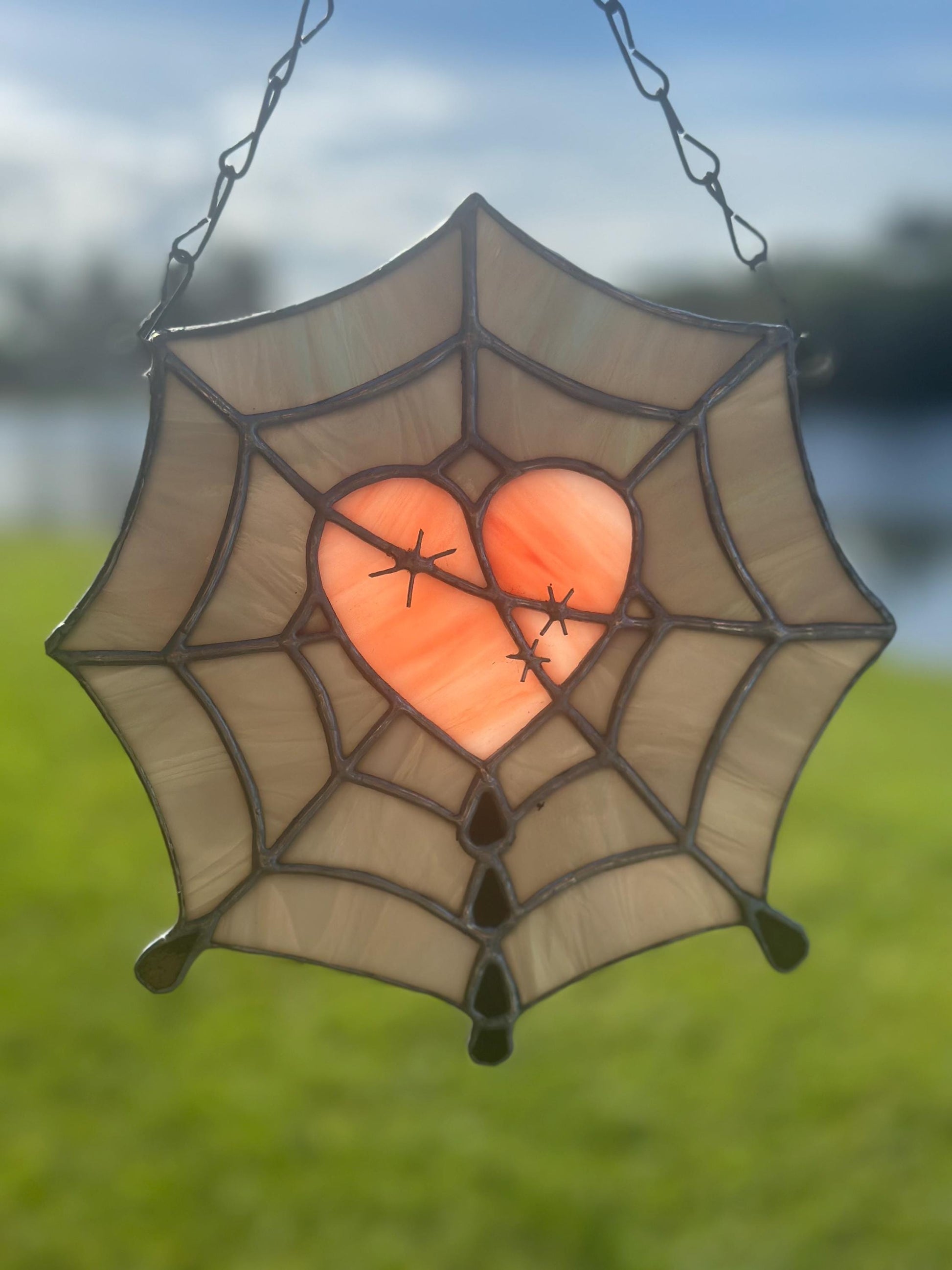 Gothic Stained Glass Spider Web Heart - Dark Decor Sun Catcher